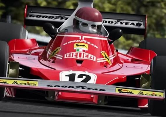 Assetto Corsa: Iconic Ferrari 312T Formula 1 Racer Classic red Ferrari 312T Formula 1 car from Assetto Corsa, featuring number 12, Goodyear tires, and TAG Heuer sponsorship, captured in motion on a racetrack with blurred background.