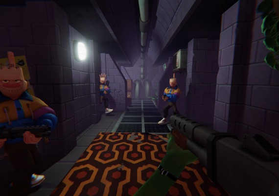 First-Person Combat Scene in :Anger Foot" Game Corridor A scene from the video game "Anger Foot" depicting a player character armed with a gun, facing off against several enemies in a dimly lit corridor.