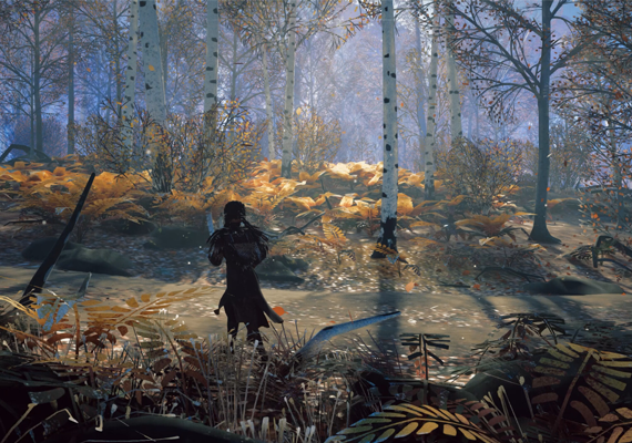 Mystical Forest Scene in Fantasy RPG A character stands in a misty, autumnal forest with birch trees and golden ferns. The scene has a magical atmosphere with soft lighting and particles floating in the air, typical of a high-quality fantasy RPG game.