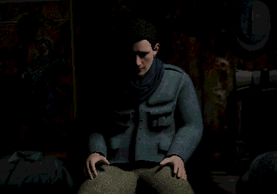 Emotional Depth in WWI Survival Horror - Character Study Scene Dark, atmospheric screenshot from CONSCRIPT. A young soldier in World War I uniform sits in a dimly lit room, looking down. His hands rest on his lap. The background is shadowy with hints of military equipment. The scene conveys a somber, tense mood.