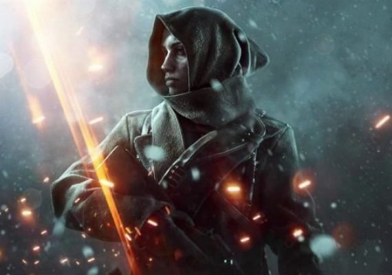 Battlefield V: Firestorm - A Brutal Battle Royale Experience A woman in a hooded coat stands in a snowy battlefield, holding a rifle and looking determined. Flames and smoke rise in the background.