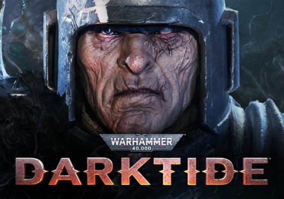 Warhammer 40,000: Darktide Game Cover Art Close-up of a grim-faced, battle-scarred warrior wearing a metallic helmet with glowing eyes, set against a dark background. The Warhammer 40,000 logo and 'DARKTIDE' title are prominently displayed beneath the character's face.