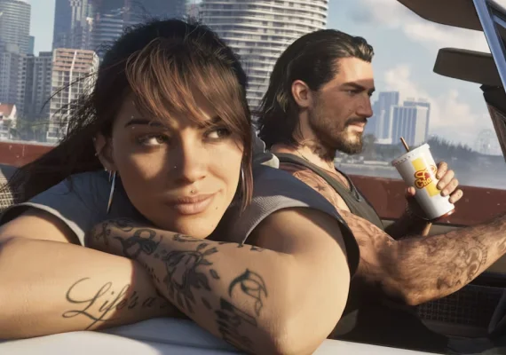 GTA 6 artwork of Lucia and Jason in a convertible