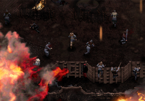 Intense WWI Trench Warfare - Action-Packed Gameplay Scene CONSCRIPT gameplay screenshot showing a chaotic World War I battle scene. Pixel art soldiers fight in trenches and on muddy ground. Explosions and flames visible in the foreground. Dark, gritty atmosphere with multiple characters engaged in combat.