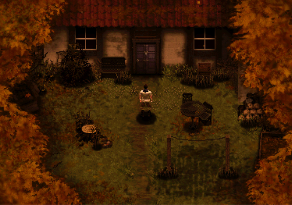 Atmospheric Pixel Art Scene - WWI Survival Horror Gameplay Pixel art scene from CONSCRIPT game showing a soldier standing in front of a small house at night. Autumn trees frame the image. Garden with fence, stumps, and crates visible. Dark, moody atmosphere with warm orange and brown colors dominating.