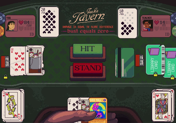 A pixel art image of a blackjack game screen in a tavern setting. The player's hand shows a Jack of Hearts, a 4 of Diamonds, and a Queen of Spades. The player is prompted to choose a card to add to their deck.