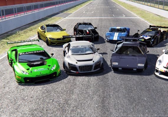 Assetto Corsa: Ultimate Supercar Lineup on Race Track Seven high-performance supercars lined up on an Assetto Corsa racetrack, featuring colorful vehicles including a green Lamborghini, white Porsche, and various sports cars, showcasing game's diverse car selection.