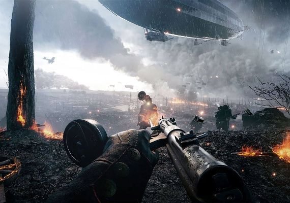 Battlefield V: Futuristic Warfare in a Changing World A person wearing a military uniform and helmet stands in front of a futuristic cityscape, with a large explosion in the background.