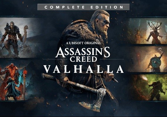 Assassin's Creed Valhalla: Complete Edition - Conquer Viking England A Viking warrior with a determined expression stands in the center of a collage showcasing various scenes from the game "Assassin's Creed Valhalla: Complete Edition."