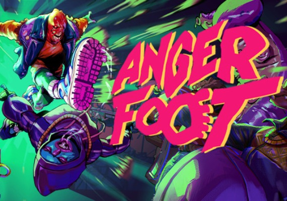 "Anger Foot" The Ultimate Kick A dynamic image depicting a character kicking doors and fighting enemies with their foot in a futuristic, neon-lit city. The game's title, "ANGER FOOT," is prominently displayed in bold, colorful letters.