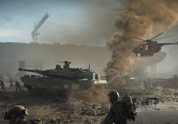Battlefield 2042: Intense Multiplayer Action in a Dystopian Future A soldier in a futuristic military uniform stands in the foreground, with a cityscape and a large explosion in the background.