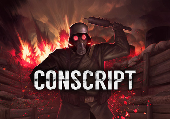 Intense WWI Survival Horror Game - Official Cover Art CONSCRIPT game cover art featuring a World War I soldier in gas mask with glowing red eyes, brandishing a spiked club. Background shows explosive flames and trench warfare. Dark, ominous atmosphere with game title prominently displayed.
