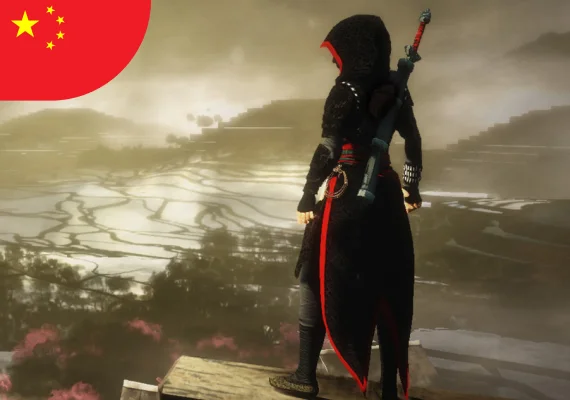 Assassin in black and red robes overlooking Chinese rice terraces