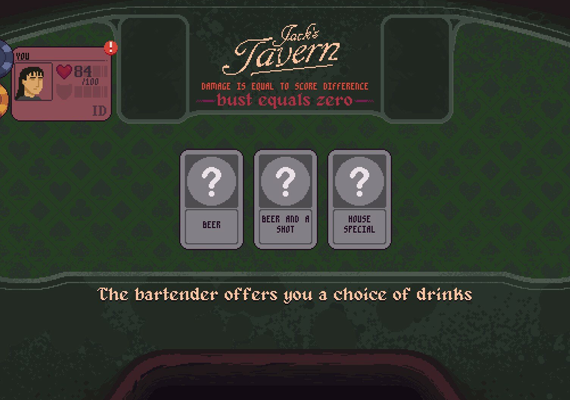 A pixel art image of a blackjack game screen in a tavern setting. The player's hand shows a Jack of Hearts, a 4 of Diamonds, and a Queen of Spades. The player is prompted to choose a card to add to their deck.
