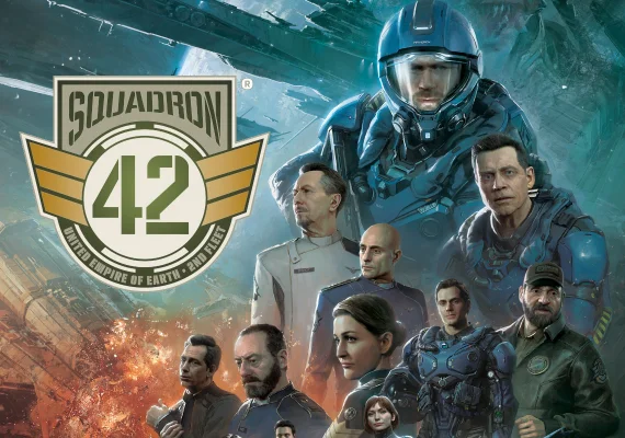 Squadron 42 key art with the game's logo and main cast