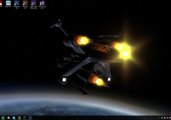 Dynamic Space Combat Wallpaper Engine Desktop Screenshot of a PC desktop using Wallpaper Engine, displaying a dynamic space scene with a futuristic spacecraft in orbit. The spacecraft has glowing engines and weapon systems, hovering above a planet's surface.