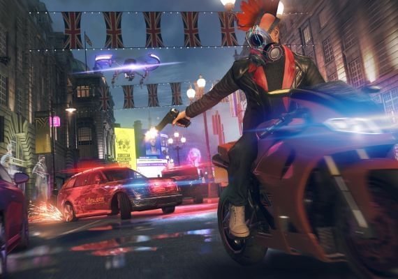 Watch Dogs: Legion - High-Tech Action in Futuristic London Screenshot from Watch Dogs: Legion showing a character on a motorcycle hacking a drone in a neon-lit London street. British flags hang overhead, police cars in pursuit, capturing the game's cyberpunk action and open-world gameplay.