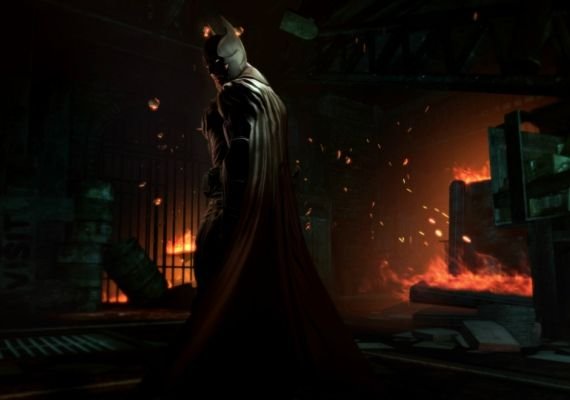 Batman: A Dark Knight in a Dangerous World Batman stands in a dimly lit warehouse, his cape billowing behind him as he surveys the scene. Flames and smoke rise in the background.