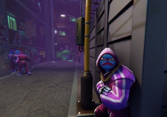 The Hidden Menace of Neon City A hooded character with a determined expression, standing in a dark alleyway of a neon-lit city, ready to strike.