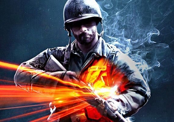 Battlefield V: Epic Soldier in Action - Dynamic Military A soldier in military gear, holding a rifle with a determined expression, stands in a dramatic pose with orange light streaks and smoke effects, set against a dark, moody background.