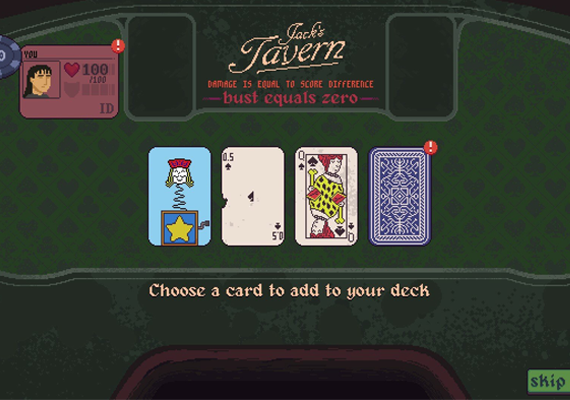 A pixel art image of a blackjack game screen in a tavern setting. The player's hand shows a Jack of Hearts, a 4 of Diamonds, and a Queen of Spades. The player is prompted to choose a card to add to their deck.