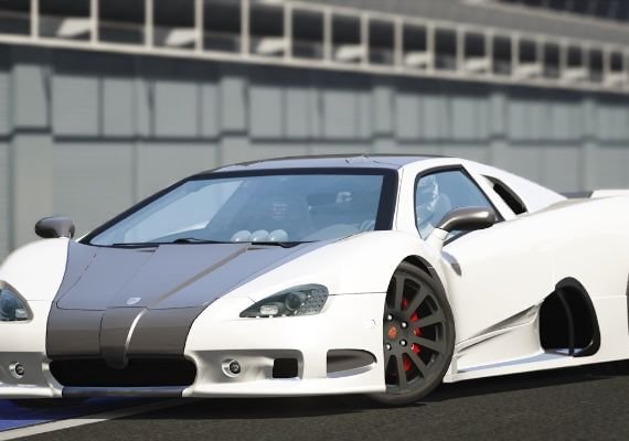 Assetto Corsa: Stunning SSC Ultimate Aero Hypercar White SSC Ultimate Aero hypercar from Assetto Corsa game, featuring sleek design with black accents and red brake calipers, parked in front of a modern building, showcasing the game's detailed car models.