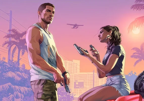 GTA 6 artwork of Jason and Lucia at sunset in Vice City