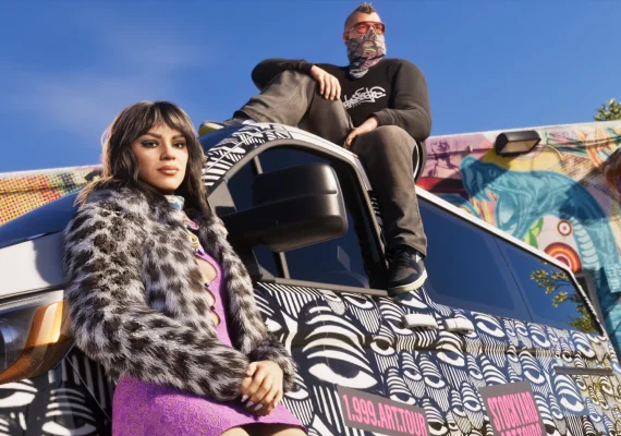 GTA 6 characters posing with a graffiti-covered truck in Vice City