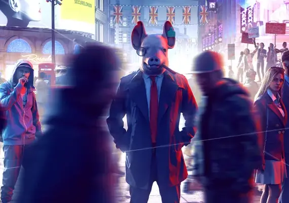 Watch Dogs: Legion key art – hacker in a pig mask on a London street