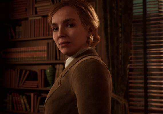 Character from "Alone in the Dark" Game in a Historical Study Setting A detailed close-up of a character from the video game Alone in the Dark. The character, dressed in early 20th-century attire, stands in a dimly lit, book-filled study, gazing over their shoulder with a subtle, serious expression.