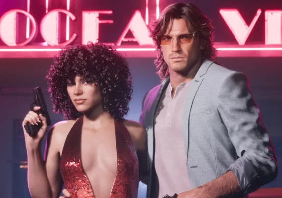 GTA 6 artwork of a couple in 1980s outfits under a pink neon sign